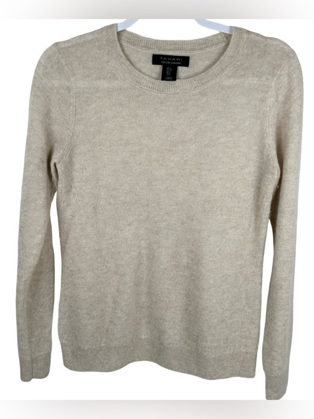 Tahari 100% 2-Ply Cashmere Tan Crewneck Long Sleeve Knit Sweater Size Small
